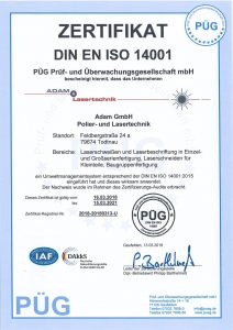 Prüfzertifikat Adam Lasertechnik GmbH DIN ISO 14001