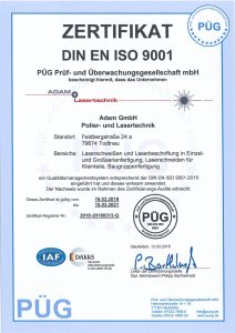 Prüfzertifikat Adam Lasertechnik GmbH DIN ISO 9001